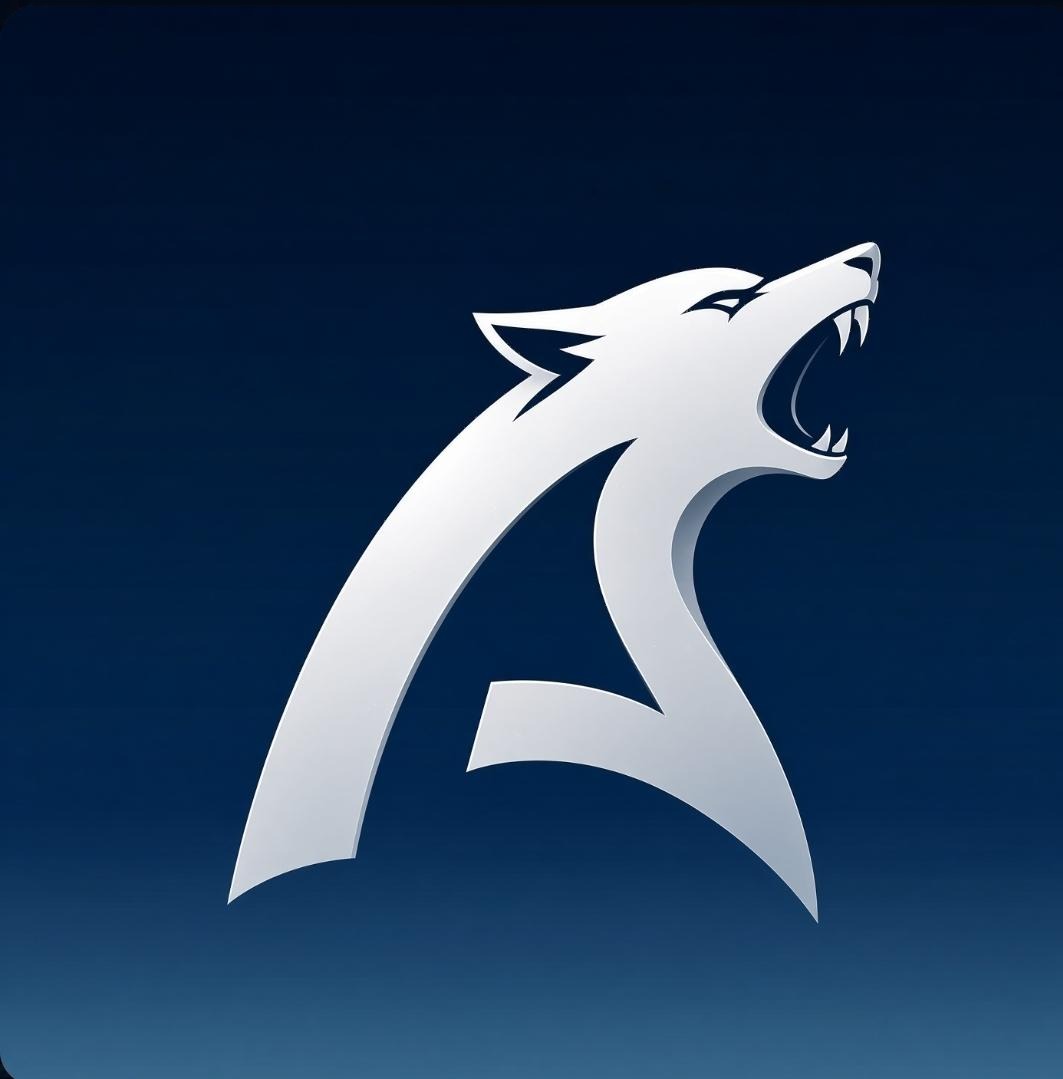 Silver husky, mouth open, the BARC mark, on deep navy